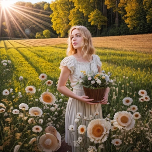 girl in flowers,holding flowers,beautiful girl with flowers,sun flowers,blooming field,picking flowers,daisies,flower girl,flowers field,field of flowers,flower field,flowers of the field,summer flowers,field flowers,dandelion field,country dress,golden flowers,countrygirl,meadow,heidi country,Common,Common,Photography