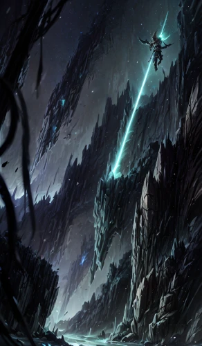 fissure vent,sidonia,dark world,sci fiction illustration,ice planet,chasm,dark-type,fantasy landscape,futuristic landscape,valley of death,descent,fallen giants valley,hall of the fallen,heroic fantasy,alien world,forest dark,background image,fantasy picture,ghost forest,crevasse