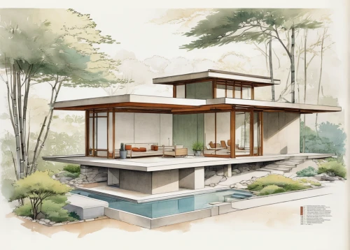 mid century house,house drawing,asian architecture,pool house,landscape design sydney,mid century modern,modern house,garden elevation,japanese architecture,landscape designers sydney,house by the water,dunes house,summer house,home landscape,archidaily,architect plan,3d rendering,house in the forest,garden design sydney,modern architecture,Unique,Design,Infographics