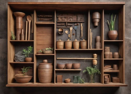 cupboard,pantry,kitchen cabinet,storage cabinet,cabinet,wooden shelf,apothecary,cabinetry,kitchen shop,cabinets,a drawer,wooden mockup,dark cabinetry,woodwork,kitchenware,compartments,terracotta,shelves,bathroom cabinet,kitchen cart,Unique,Design,Knolling