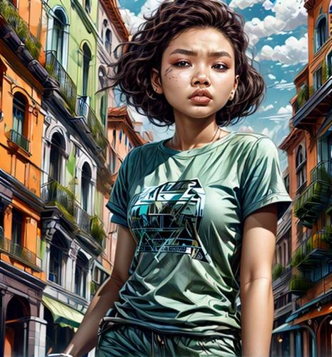 girl in t-shirt,sci fiction illustration,world digital painting,little girl in wind,rosa ' amber cover,digital painting,han thom,asian vision,isolated t-shirt,girl in a historic way,vietnam,havana,saigon,city ​​portrait,pisa,girl with speech bubble,city youth,girl walking away,young girl,cuba background