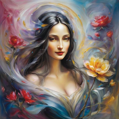 splendor of flowers,flower painting,mystical portrait of a girl,romantic portrait,art painting,oil painting on canvas,fantasy art,elven flower,girl in flowers,fantasy portrait,boho art,jasmine blossom,beautiful girl with flowers,flower of passion,passion bloom,blue moon rose,blue rose,flora,lotus blossom,oil painting,Illustration,Paper based,Paper Based 11