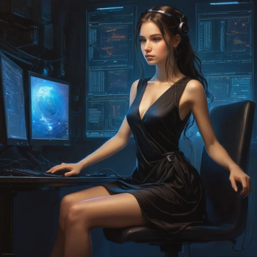 girl at the computer,sci fiction illustration,game illustration,night administrator,world digital painting,cyberspace,fractal design,cg artwork,computer art,pianist,fantasy picture,massively multiplayer online role-playing game,telephone operator,computer,fantasy art,cybernetics,digital painting,computer game,girl sitting,eve,Conceptual Art,Fantasy,Fantasy 28
