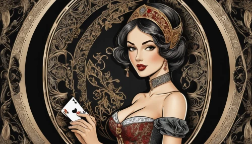 playing card,queen of hearts,woman holding a smartphone,playing cards,snow white,cinderella,makeup mirror,phone clip art,magic mirror,victorian lady,dressmaker,jasmine,game illustration,gambler,tarot cards,poker primrose,deck of cards,fairy tale character,barmaid,pin ups,Illustration,Realistic Fantasy,Realistic Fantasy 42