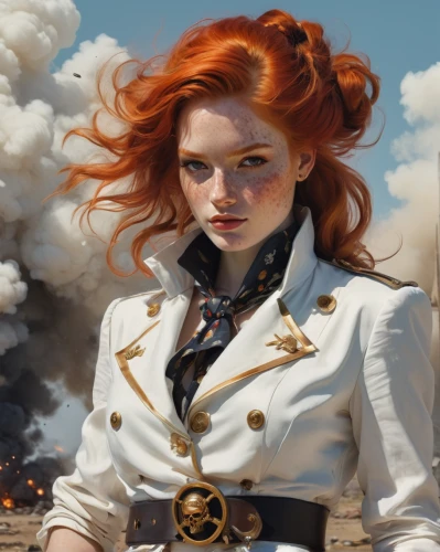 steampunk,transistor,sci fiction illustration,girl with gun,woman fire fighter,game illustration,cigarette girl,fantasy portrait,girl with a gun,fantasy art,redheads,clary,fallout4,bouffant,femme fatale,lady medic,massively multiplayer online role-playing game,steampunk gears,redhead doll,world digital painting,Conceptual Art,Oil color,Oil Color 01
