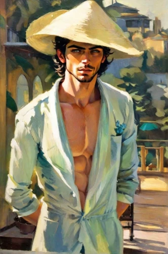 italian painter,panama hat,oil painting,straw hat,oil painting on canvas,oil on canvas,male model,photo painting,man with umbrella,rio serrano,alejandro vergara blanco,high sun hat,man at the sea,latino,gondolier,gardener,oil paint,advertising figure,art painting,sun hat