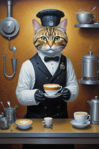 cat drinking tea,cat coffee,tea party cat,waiter,caterer,cat's cafe,espresso,waiting staff,teatime,cat sparrow,chef,coffee background,figaro,chinaware,cat image,café au lait,kopi luwak,coffee maker,men chef,inspector,Illustration,Realistic Fantasy,Realistic Fantasy 18