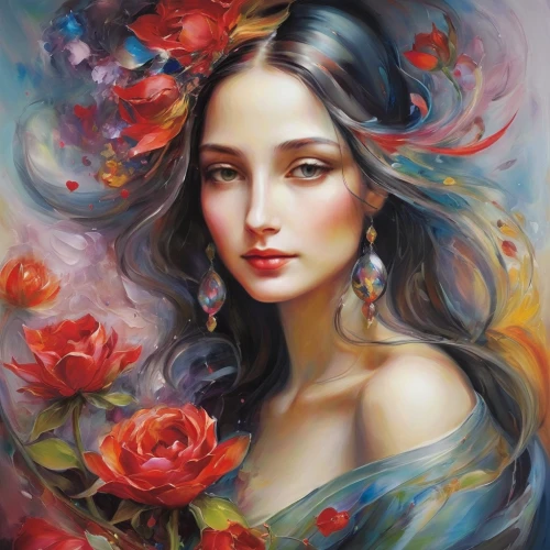 romantic portrait,beautiful girl with flowers,oil painting on canvas,flower painting,splendor of flowers,mystical portrait of a girl,art painting,girl in flowers,boho art,oil painting,jasmine blossom,colorful roses,fantasy art,italian painter,scent of roses,red-yellow rose,flower of passion,fantasy portrait,flower art,with roses,Illustration,Paper based,Paper Based 11