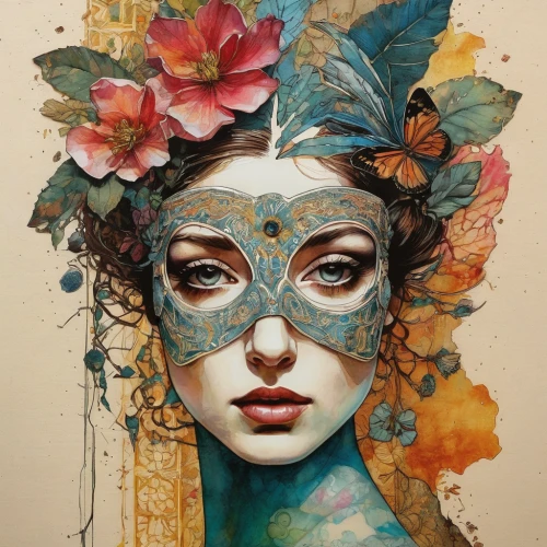 masquerade,boho art,venetian mask,masque,headdress,fashion illustration,girl in a wreath,gold foil art,watercolor women accessory,the carnival of venice,faery,masks,fantasy art,decorative figure,painted lady,mystical portrait of a girl,faerie,kahila garland-lily,art painting,feather headdress,Photography,General,Natural