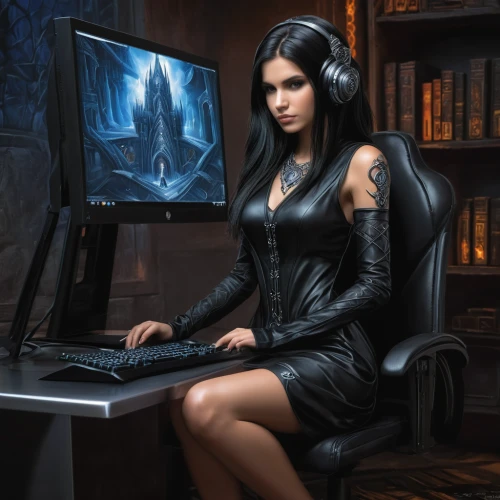 girl at the computer,librarian,massively multiplayer online role-playing game,sci fiction illustration,fantasy picture,fantasy art,night administrator,gothic woman,gothic portrait,fractal design,world digital painting,game illustration,secretary,fantasy portrait,sorceress,gothic dress,photoshop manipulation,goth woman,author,scholar,Conceptual Art,Fantasy,Fantasy 30