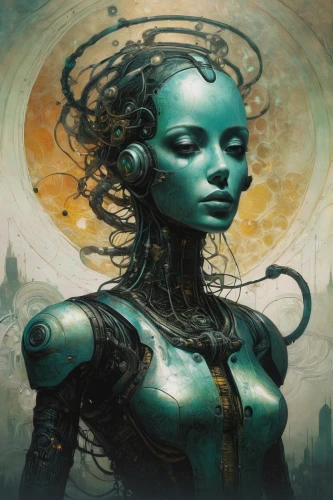 sci fiction illustration,humanoid,cybernetics,transistor,biomechanical,gorgon,medusa,andromeda,sci fi,nebula guardian,blue enchantress,fantasy art,scifi,eve,cyborg,cyberpunk,fantasy portrait,streampunk,corrosion,compans-cafarelli,Illustration,Paper based,Paper Based 18