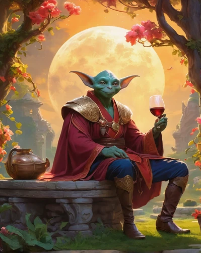 tea zen,yoda,winemaker,fantasy picture,cg artwork,a glass of wine,fantasy portrait,apéritif,have a drink,a drink,idyll,goblet,art bard,connoisseur,rotglühender poker,bard,idyllic,goblin,jedi,sip,Illustration,Realistic Fantasy,Realistic Fantasy 01