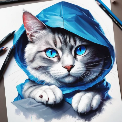 drawing cat,cat on a blue background,cat with blue eyes,blue eyes cat,cat vector,cat drawings,cartoon cat,blue painting,watercolor cat,cat portrait,illustrator,hoodie,doodle cat,to draw,vector illustration,gray kitty,raincoat,cute cat,cat line art,world digital painting,Conceptual Art,Fantasy,Fantasy 03
