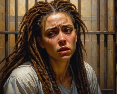oil painting,oil painting on canvas,oil on canvas,scared woman,prisoner,depressed woman,oil paint,african american woman,queen cage,woman of straw,church painting,twists,art painting,dreadlocks,artist portrait,thewalkingdead,dread,praying woman,the girl's face,portrait of a girl,Illustration,Realistic Fantasy,Realistic Fantasy 03