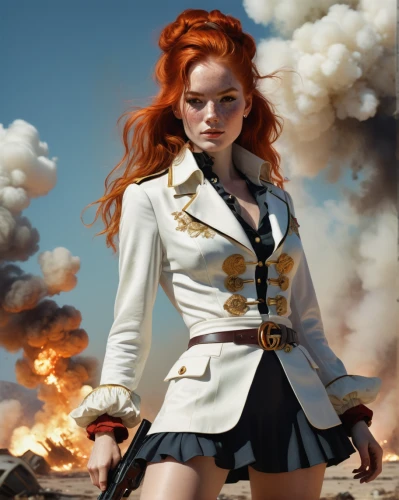 woman fire fighter,girl with gun,digital compositing,sailor,bolero jacket,girl with a gun,photoshop manipulation,atomic age,naval officer,femme fatale,photo manipulation,fantasy art,photomanipulation,jacket,cigarette girl,image manipulation,fantasy picture,redhead doll,fire fighter,sci fiction illustration,Conceptual Art,Oil color,Oil Color 01