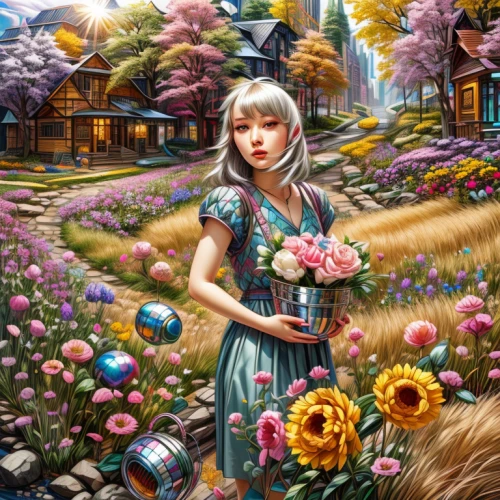 girl in flowers,girl picking flowers,springtime background,girl in the garden,spring background,field of flowers,flower garden,blooming field,picking flowers,fantasy picture,floral background,beautiful girl with flowers,flower background,fantasy art,flower meadow,world digital painting,fantasy portrait,flower field,flower painting,dandelion meadow