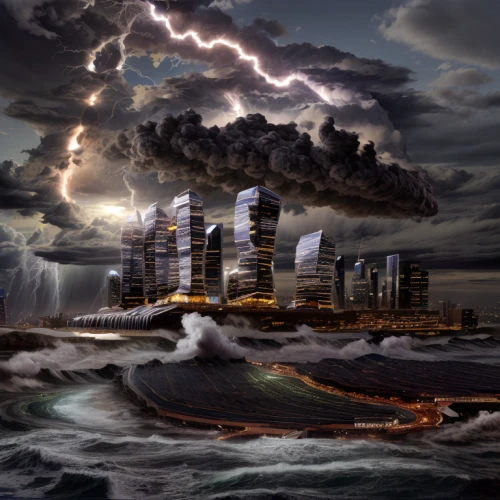 apocalyptic,doomsday,post-apocalyptic landscape,armageddon,end of the world,environmental destruction,nature's wrath,the end of the world,apocalypse,environmental disaster,photo manipulation,the storm of the invasion,terraforming,storm surge,climate change,offshore drilling,environmental pollution,world digital painting,climate protection,sea storm
