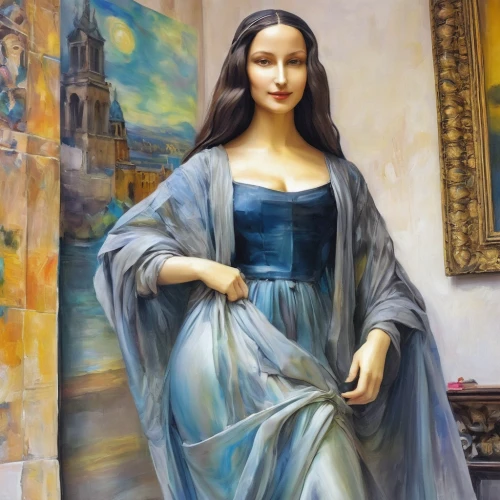 louvre,mona lisa,the prophet mary,girl in cloth,louvre museum,girl in a long dress,the mona lisa,portrait of christi,italian painter,majorelle blue,mazarine blue,the magdalene,meticulous painting,la violetta,almudena,mary 1,dornodo,oberlo,decorative figure,cepora judith,Illustration,Paper based,Paper Based 11