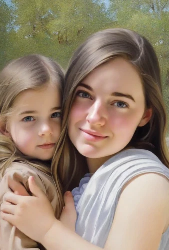 photo painting,little girl and mother,image manipulation,mom and daughter,mother and daughter,image editing,portrait background,world digital painting,two girls,in photoshop,children girls,oil painting,beautiful sister,custom portrait,pictures of the children,oil painting on canvas,digital painting,photoshop manipulation,lily family,grandchildren