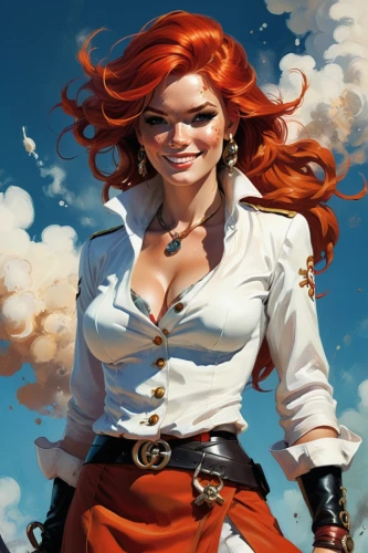 transistor,scarlet sail,pirate,steampunk,pirate treasure,sci fiction illustration,red-haired,the sea maid,clary,redheads,harley,woman fire fighter,game illustration,rosa ' amber cover,red head,heroic fantasy,corsair,renegade,seafaring,wind warrior,Conceptual Art,Oil color,Oil Color 04