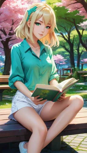 darjeeling,blonde sits and reads the newspaper,girl studying,reading,spring background,azalea,blonde woman reading a newspaper,springtime background,relaxing reading,park bench,summer background,darjeeling tea,holding ipad,author,tutor,yang,summer day,summer bloom,sitting on a chair,picnic table,Illustration,Japanese style,Japanese Style 03