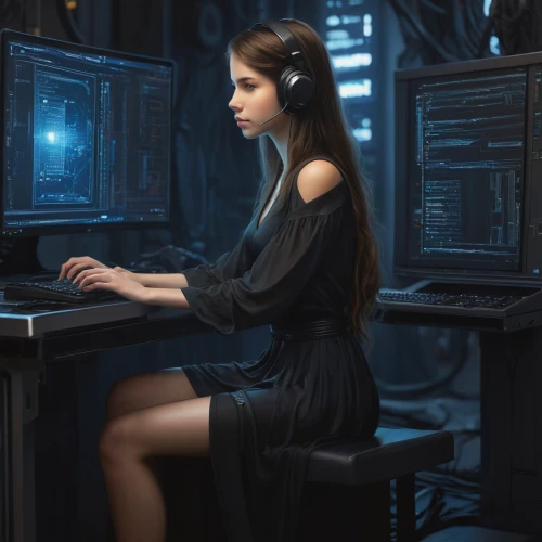 girl at the computer,sci fiction illustration,fractal design,computer art,computer,world digital painting,girl studying,barebone computer,night administrator,cyberspace,women in technology,computer workstation,digital compositing,computer addiction,crypto mining,computer freak,computing,telephone operator,librarian,switchboard operator,Conceptual Art,Fantasy,Fantasy 28