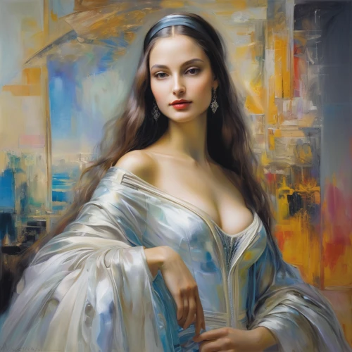 italian painter,art painting,romantic portrait,oil painting,oil painting on canvas,fantasy art,world digital painting,girl in cloth,young woman,white lady,fineart,jasmine blue,fantasy portrait,meticulous painting,girl in a long dress,mystical portrait of a girl,comely,girl with cloth,artistic portrait,woman portrait,Illustration,Paper based,Paper Based 11