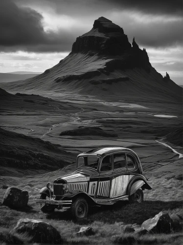 isle of skye,scottish highlands,eastern iceland,abandoned car,road forgotten,orkney island,isle of mull,old abandoned car,scotland,arid landscape,glencoe,kirkjufell,highlands,desolation,camper van isolated,blackandwhitephotography,desolate,ford anglia,nordland,donegal,Illustration,Realistic Fantasy,Realistic Fantasy 28