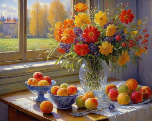 still life of spring,autumn still life,summer still-life,sunflowers in vase,splendor of flowers,apricots,spring morning,fruit basket,orange tree,fruit tree,fruit bowl,bowl of fruit in rain,orange tulips,roses-fruit,oranges,orange flowers,still-life,basket with apples,flower painting,floral composition,Art,Classical Oil Painting,Classical Oil Painting 18