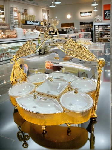 cake stand,chafing dish,tureen,orrery,timpani,cart transparent,vintage dishes,serveware,two-handled sauceboat,cookware and bakeware,baking equipments,galette des rois,colomba di pasqua,ceiling fixture,dishware,bahraini gold,dolly cart,violone,kitchenware,cart with products,Small Objects,Indoor,Retail Store