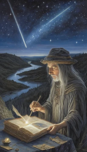 astronomer,the wizard,magic book,astral traveler,divination,wizard,meteor rideau,perseids,astronomy,northen light,sci fiction illustration,chalk drawing,astronomers,magus,geocentric,jrr tolkien,moses,mysticism,light bearer,meteor,Illustration,Realistic Fantasy,Realistic Fantasy 14