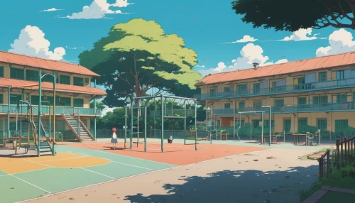 dormitory,school design,apartment complex,kindergarten,resort town,elementary school,country club,tennis court,holiday complex,studio ghibli,apartments,retirement home,elementary,suburb,hostel,seaside resort,honolulu,apartment block,resort,dolphin school,Illustration,Japanese style,Japanese Style 06