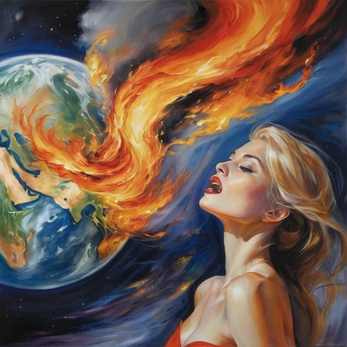 fire planet,burning earth,oil painting on canvas,heliosphere,flame of fire,mother earth,fire artist,dancing flames,flame spirit,fire dance,space art,fire background,solar wind,la nascita di venere,combustion,fire dancer,fiery,world digital painting,fire heart,fire angel,Illustration,Paper based,Paper Based 11