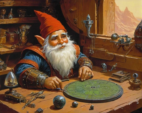 gnome and roulette table,prejmer,watchmaker,gnomes at table,dwarf cookin,clockmaker,dwarf sundheim,scandia gnome,fortune teller,rotglühender poker,board game,the wizard,tabletop game,gnomes,game illustration,dwarf,potter's wheel,magus,gnome,massively multiplayer online role-playing game,Conceptual Art,Sci-Fi,Sci-Fi 19