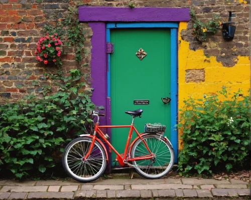 bike colors,blue door,parked bike,bicycles,blue doors,tandem bicycle,burano island,colorful facade,bicycle,bicycle frame,colourful,bicycle front and rear rack,wall,vibrant color,bikes,woman bicycle,city bike,garden door,bicycle basket,artistic cycling,Conceptual Art,Oil color,Oil Color 14