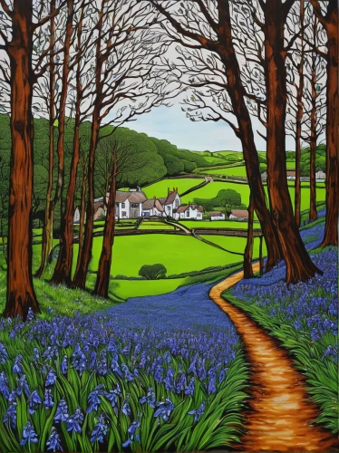 bluebells,bluebell,beautiful bluebells,david bates,carol colman,hare trail,dorset,sussex,hayfield,orchard meadow,yorkshire,brook landscape,forest of dean,tommie crocus,isle of may,cornwall,great chalfield,otley,devon,aglais,Illustration,Vector,Vector 14