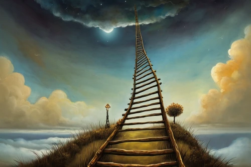 stairway to heaven,heavenly ladder,jacob's ladder,stairway,winding steps,ladder,easel,career ladder,world digital painting,obelisk,tower of babel,step pyramid,road to nowhere,wooden bridge,harp,staircase,celtic harp,upwards,sailing ship,longship,Illustration,Realistic Fantasy,Realistic Fantasy 34