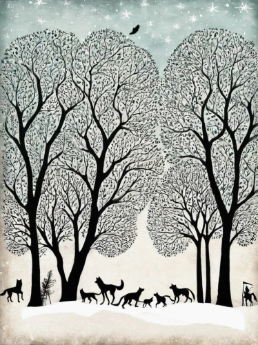 birch tree illustration,winter animals,snow trees,winter forest,winter deer,winter landscape,halloween bare trees,snow scene,winter background,christmas snowy background,birch tree background,snow landscape,deer illustration,bare trees,woodland animals,forest animals,snow tree,flock of birds,tree grove,birds on branch,Art,Artistic Painting,Artistic Painting 47