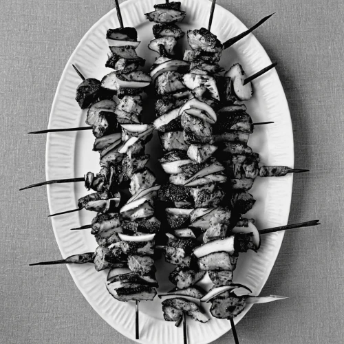 skewers,arrosticini,brochette,yakitori,sate kambing,meat skewer,sate,shashlik,shish kebab,skewer,rack of lamb,vegetable skewer,souvlaki,anticuchos,rabbit meat,kabab koobideh,shish kabob,sausage platter,cannibals,shami kebab,Photography,Black and white photography,Black and White Photography 13