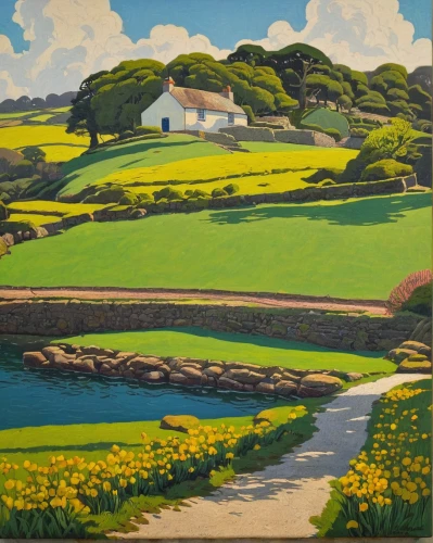 exmoor,cornwall,farm landscape,yorkshire,brook landscape,rural landscape,derbyshire,dorset,isle of may,gower,devon,perranporth,wales,donegal,isles of scilly,green fields,north yorkshire,yorkshire dales,wensleydale,olle gill,Illustration,Retro,Retro 11