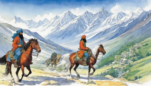 the pamir mountains,pamir,the pamir highway,mountain scene,central tien shan,kyrgyz,horse herder,xinjiang,everest region,mountain spirit,caucasus,kyrgyzstan,the mongolian and russian border mountains,khokhloma painting,altai,kyrgyzstan som,karakoram,the spirit of the mountains,horse riders,two-horses,Illustration,Realistic Fantasy,Realistic Fantasy 04