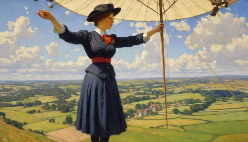woman with ice-cream,mary poppins,woman holding pie,woman hanging clothes,parasol,pilgrim,woman pointing,grant wood,overhead umbrella,pointing woman,man with umbrella,girl with bread-and-butter,lady pointing,aerial view umbrella,the hat of the woman,montgolfiade,spectator,woman of straw,woman's hat,girl in a historic way,Illustration,Realistic Fantasy,Realistic Fantasy 22