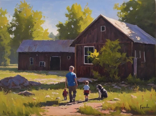 girl with dog,boy and dog,rural landscape,farm landscape,red barn,farmstead,the farm,oil painting,barns,summer cottage,minnesota,rural,field barn,farm hut,farmhouse,farm set,piglet barn,home landscape,girl and boy outdoor,maine,Photography,Documentary Photography,Documentary Photography 38