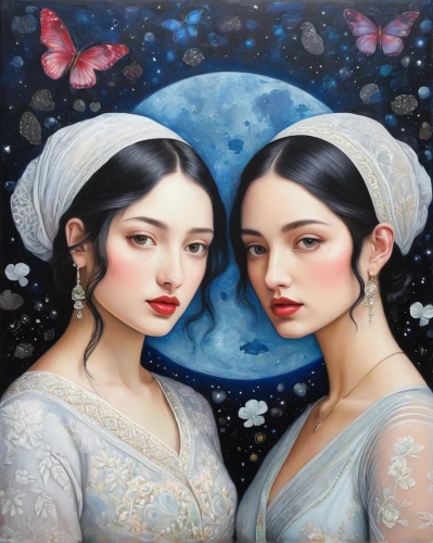 blue moon rose,oil painting on canvas,celestial bodies,two girls,gemini,blue birds and blossom,mirror image,moon and star,porcelain dolls,moonflower,twin flowers,oil painting,young women,mirror of souls,fantasy art,blue rose,blue butterflies,songbirds,gothic portrait,secret garden of venus,Illustration,Retro,Retro 16