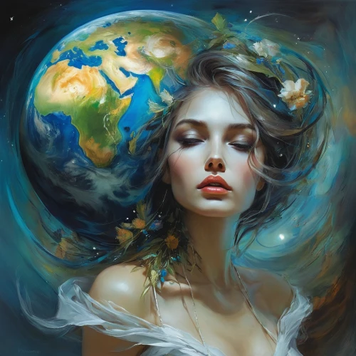mother earth,world digital painting,mystical portrait of a girl,globe,waterglobe,globes,fantasy art,fantasy portrait,blue planet,terrestrial globe,dream world,northern hemisphere,earth,gaia,embrace the world,swirling,fantasy picture,the earth,fantasy world,blue moon rose,Illustration,Paper based,Paper Based 11