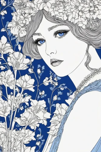mucha,forget-me-nots,forget-me-not,holly blue,jasmine blue,blue hydrangea,hydrangea,hydrangeas,hydrangea background,blue rose,forget me nots,myosotis,mazarine blue,white rose snow queen,blue and white porcelain,bluebell,blue petals,eglantine,morbier,art nouveau,Illustration,Black and White,Black and White 24