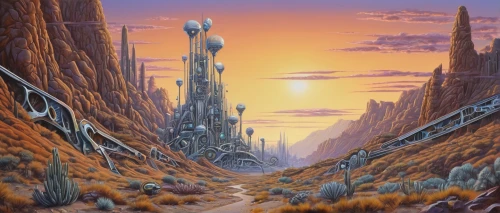 futuristic landscape,alien planet,alien world,fantasy landscape,moon valley,valley of the moon,post-apocalyptic landscape,fantasy city,desert landscape,valerian,the valley of the,desert desert landscape,moc chau hill,lunar landscape,valley of death,fantasy world,desert planet,canyon,valley,ancient city,Conceptual Art,Sci-Fi,Sci-Fi 03