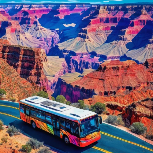 grand canyon,stagecoach,travel trailer poster,double-decker bus,red bus,bus lane,model buses,arid landscape,american frontier,canyon,red canyon tunnel,western united states,arid land,route66,route 66,buses,usa landmarks,city bus,street canyon,do you travel,Conceptual Art,Daily,Daily 21