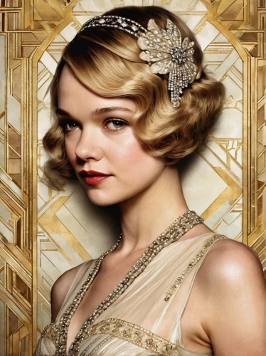 great gatsby,gatsby,bridal accessory,twenties women,gold foil crown,bridal jewelry,flapper,roaring twenties,gold foil art deco frame,roaring 20's,headpiece,gold crown,twenties,art deco background,diadem,headdress,daisy jazz isobel ridley,vintage woman,art deco woman,laurel wreath,Illustration,Realistic Fantasy,Realistic Fantasy 10