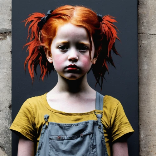 pippi longstocking,pumuckl,child portrait,clementine,little girl in wind,redhead doll,the little girl,child art,red-haired,raggedy ann,painter doll,young girl,girl in overalls,redheads,street artist,girl with bread-and-butter,girl in the kitchen,girl portrait,portrait of a girl,child girl,Conceptual Art,Graffiti Art,Graffiti Art 12